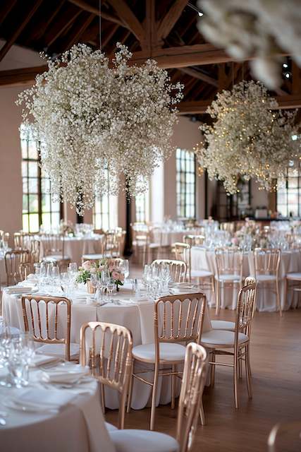 Suspended Baby’s Breath Clouds over ballroom An elegant venue with round tables features gold chairs and hanging clouds of baby's breath. The tables are set with white linens, glassware, and floral centerpieces, creating a sophisticated atmosphere.