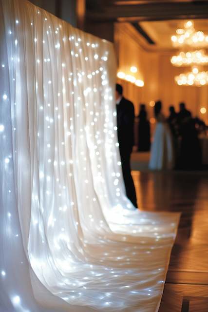 Twinkling Light Fabric Backdrop Sheer white curtains with twinkling string lights create a romantic and soft-glowing backdrop in an elegant venue setting.