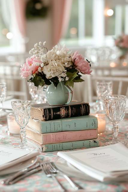 Vintage Books and Flowers Stack of vintage books with a small vase of pink and white flowers on top, surrounded by crystal glassware, creating a literary-themed centerpiece.