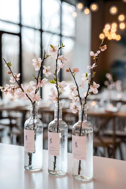 Vintage Bottles with Cherry Floral Arrangements Vintage Bottles with Cherry Floral Arrangements