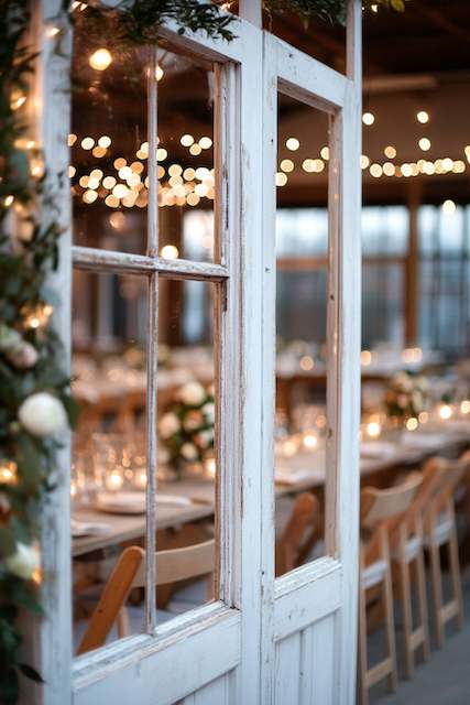 Vintage Windows Or Doors A vintage window frame with floral accents, set in a warmly lit venue where string lights create a cozy and romantic atmosphere.
