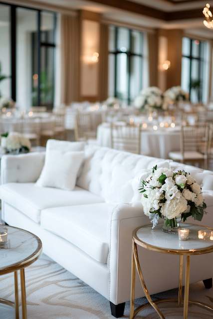 White Lounge Seating With Gold Accent Tables A luxurious white lounge area with a plush sofa and gold accent tables, adorned with white floral arrangements. Soft candlelight creates an inviting ambiance in the elegant venue.