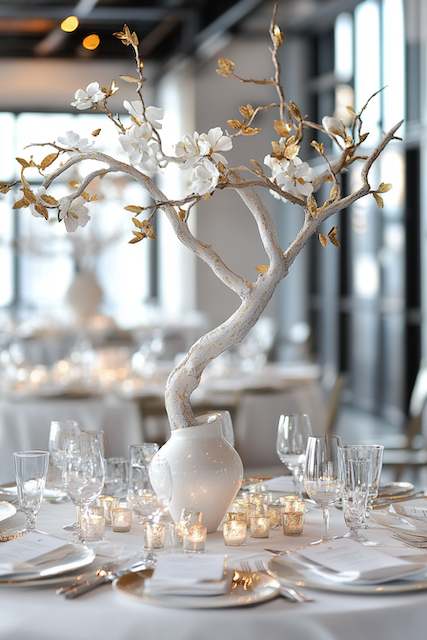 White Tree Centerpieces With Gold Leaf Tips A dramatic white tree centerpiece with gold leaf accents sits in a vase on a table. Surrounded by candles and elegant glassware, it creates a luxurious atmosphere.