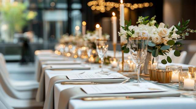 Wedding Decor 20 Elegant table setting with white linens, gold cutlery, and floral arrangements. Soft candlelight creates an inviting ambiance in a modern venue