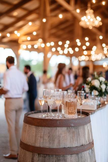 Wooden Crates And Barrels A rustic wedding setting featuring a wooden barrel used as a drinks table, with champagne glasses and a buzzy atmosphere under warm string lights.
