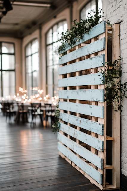 Painted wooden pallet backdrop with greenery adds a rustic and chic touch, set against an industrial-style venue with large windows. Wooden Pallet Backdrop