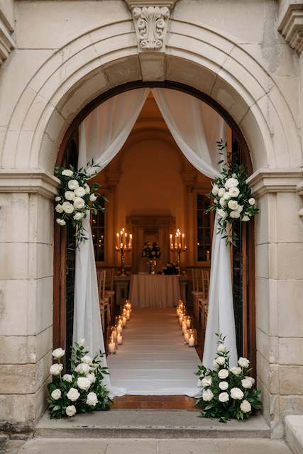 Archways and Aisle Decor Stone archway draped in white curtains with rose-and-greenery clusters, candlelit aisle leading to an intimate altar with glowing candelabras.