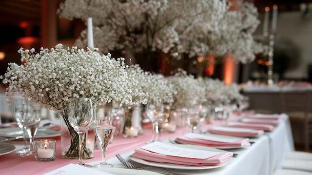 Wedding Decor 19 Top view tablescape with clouds of baby's breath down the center, crystal stemware, silver, pink runner, warm candlelight