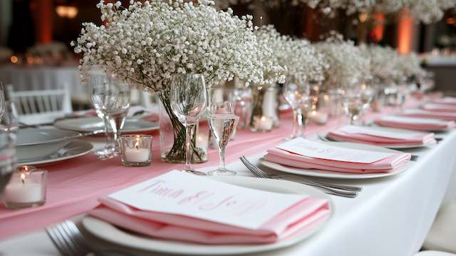 Baby’s Breath Centerpieces A beautifully arranged wedding reception table adorned with baby’s breath centerpieces in clear vases, soft candlelight, and pink napkins, creating a romantic and elegant atmosphere