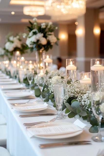 Baby’s Breath Combined with Fresh Eucalyptus Elegant wedding reception table with a soft garland of baby’s breath and eucalyptus, complemented by floating candles and white floral arrangements, creating a romantic and sophisticated atmosphere