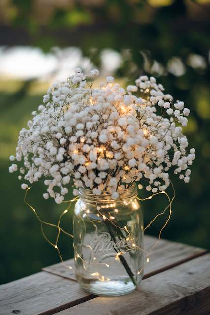Baby’s Breath Intertwined with Fairy Lights Charming mason jar filled with baby’s breath, illuminated by warm fairy lights, creating a whimsical and romantic wedding centerpiece