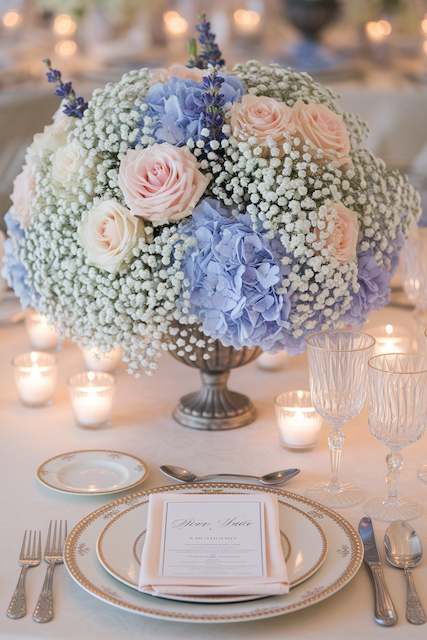 Baby’s Breath Paired with Pastel-Colored Blooms A luxurious wedding centerpiece featuring a mix of baby’s breath, blush pink roses, and soft blue hydrangeas in a vintage silver urn, creating a romantic and elegant atmosphere