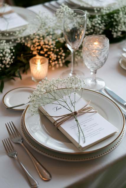 Baby’s Breath Sprigs on Each Place Setting A wedding table setting featuring a delicate sprig of baby’s breath tied with twine on a menu, surrounded by soft candlelight and elegant glassware, creating a romantic and minimalist ambiance