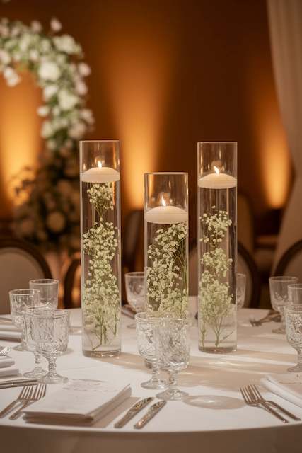 Baby's Breath Submerged in Tall Glass Cylinders. Elegant wedding centerpieces featuring tall glass cylinders submerged with delicate baby’s breath and topped with floating candles, creating a serene and romantic atmosphere