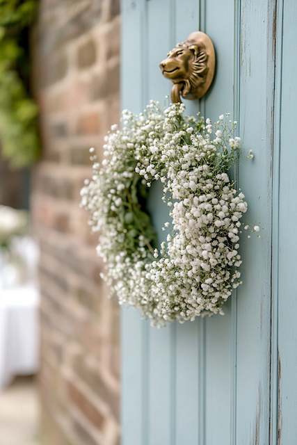 Baby’s Breath Wreaths for Entrance Décor Delicate baby's breath wreath hanging on a door knocker, creating a charming and elegant entrance decor with a vintage feel