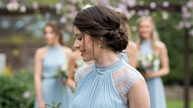 Braided or Twisted Low Bun Brunette bridesmaid with a loose textured side bun and soft face-framing strands, wearing a light blue lace dress outdoors.