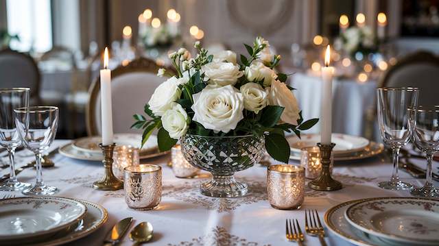 Wedding Decor 18 Elegant wedding table with white rose centerpiece in crystal bowl, gold votives, china and glassware in a softly lit room