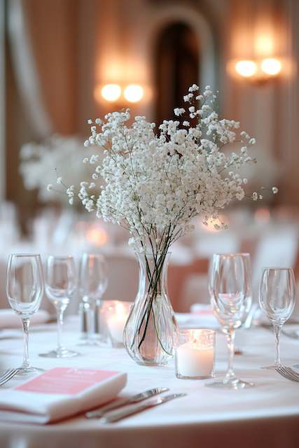 Crystal-Clear Glass Vases with Baby’s Breath Tall glass vase of baby's breath on a candlelit reception table with stemware, bokeh lights, and an elegant ballroom backdrop.