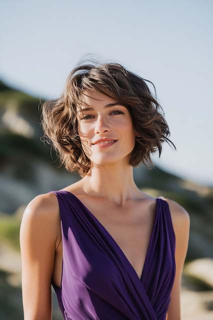 French Bob with Soft Waves Woman with a tousled French bob and soft waves wearing a purple dress outdoors, with sunlight highlighting her wavy, chin-length hair.