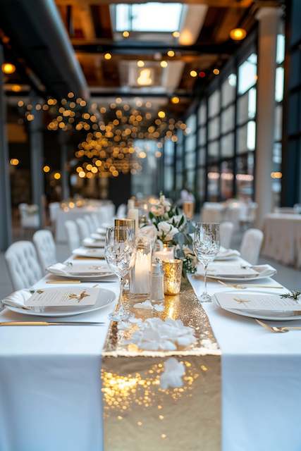Gold Table Runners A long table with gold runners features elegant place settings with white plates, glassware, and candles. Twinkling lights create a warm, festive ambiance.