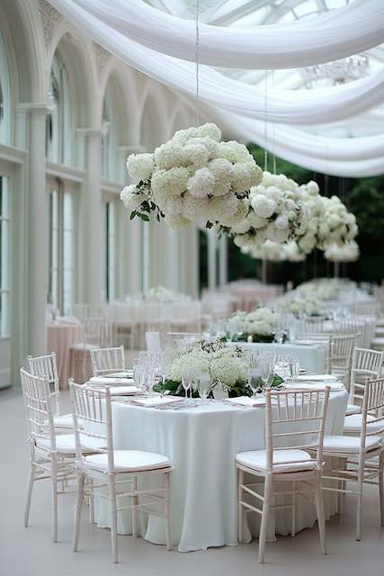 Incorporating Old Money Elegance into classic wedding decor White wedding reception with round tables, hydrangea centerpieces, white chiavari chairs, and hanging clouds of white flowers overhead.