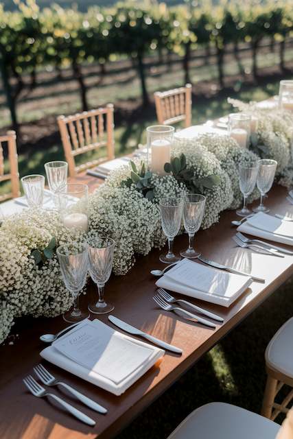 Lush Garlands of Baby’s Breath Along Banquet Tables. Elegant vineyard wedding table featuring a lush baby’s breath garland, complemented by floating candles and surrounded by crystal glassware, creating a romantic and natural atmosphere