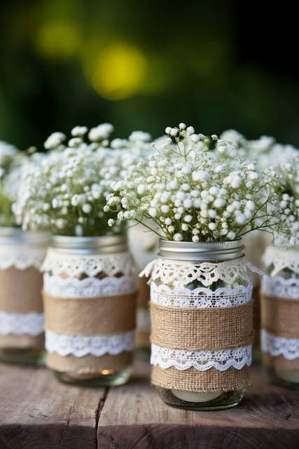 Mason Jars Wrapped with Burlap and Lace, Filled with Baby’s Breath Charming rustic wedding centerpieces featuring mason jars wrapped in burlap and lace, filled with delicate baby’s breath for a soft, country-inspired look