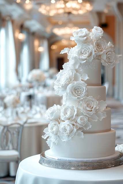 Matching cake design that complements your floral arrangements Four tier white wedding cake with cascading sugar roses on a silver stand in a grand ballroom reception setting.