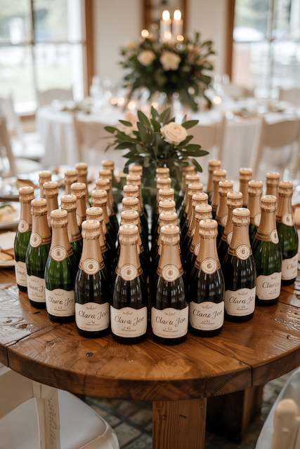 Mini champagne bottles with custom labels Display of mini champagne bottles with custom labels arranged on a round wooden table as elegant wedding favors.