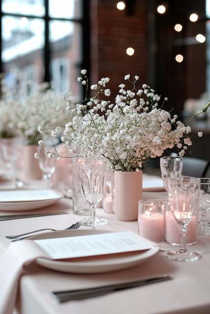 Minimalist Baby’s Breath in Monochromatic Palettes A wedding reception table featuring simple yet elegant baby’s breath arrangements in white ceramic vases, surrounded by soft candlelight, creating a romantic and minimalistic atmosphere.