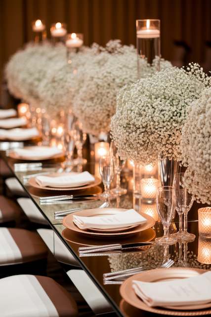 Mirror Tabletops Adorned with Baby’s Breath Elegant wedding reception table featuring baby’s breath centerpieces in tall glass vases, surrounded by soft candlelight, creating a romantic and sophisticated ambiance