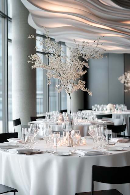 Modern and Classy wedding decor Modern white wedding table with tall airy blooming branches, minimalist place settings, clear glassware, and soft candlelight.