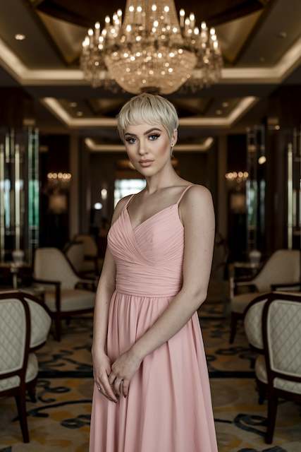 Pixie Cut with Soft Waves Bridesmaid with a blonde pixie cut styled in soft waves wearing a blush dress, posing in an elegant ballroom with chandeliers overhead.