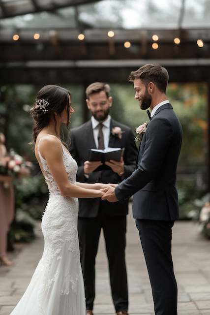 Professional Officiant Bride in a lace gown and groom in a navy suit hold hands as the officiant reads vows under twinkle lights at an intimate garden ceremony.