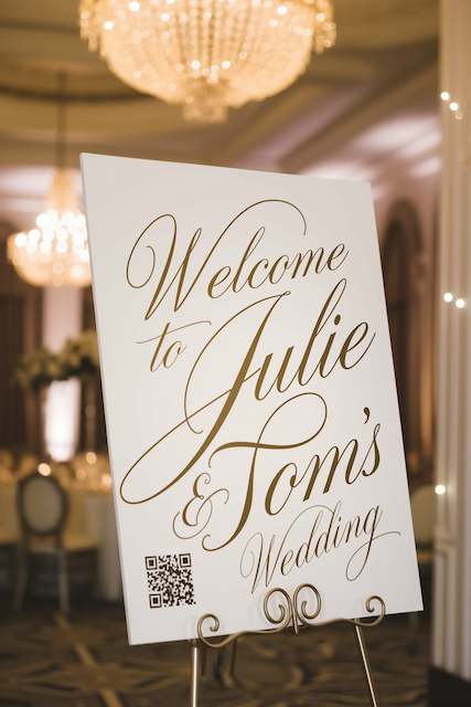 QR code Ceremony Programs Elegant white welcome sign with gold script reading Welcome to Julie and Tom’s Wedding plus a QR code on an easel in a chandelier lit ballroom.