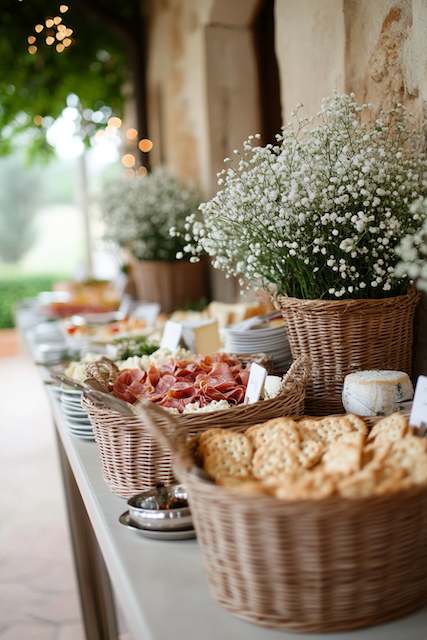 Rattan Baskets Overflowing with Baby’s Breath A wedding buffet table showcasing a variety of cheeses, cured meats, and crackers, beautifully complemented with baskets of baby’s breath, creating a rustic and elegant display