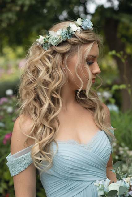 Romantic Curls Bridesmaid with a soft textured blonde bob and wispy bangs wearing a sage green dress, standing outdoors near a white picket fence and greenery