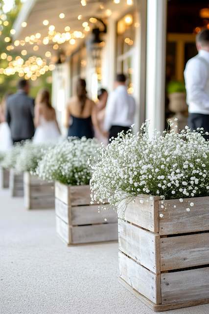 Rustic Wooden Crates Filled with Baby’s Breath. Outdoor wedding aisle adorned with rustic wooden crates filled with delicate baby’s breath flowers, creating a romantic ambiance