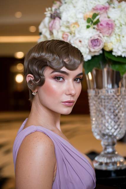 Short & Chic Finger Waves Bridesmaid with sleek 1920s finger waves wearing a lavender dress, posing indoors beside a tall floral arrangement in soft elegant lighting.