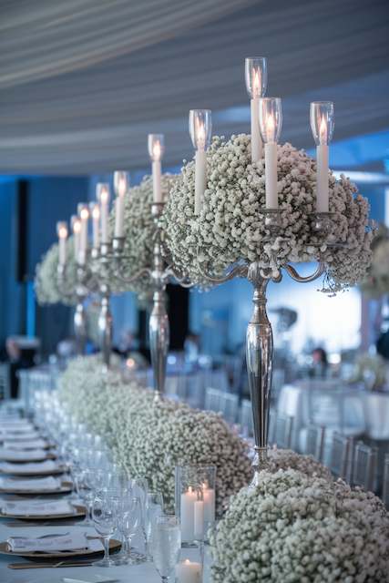 Silver Candelabras Draped with Baby’s Breath Elegant wedding table setting with silver candelabras adorned with baby’s breath, creating a sophisticated and romantic atmosphere for the reception