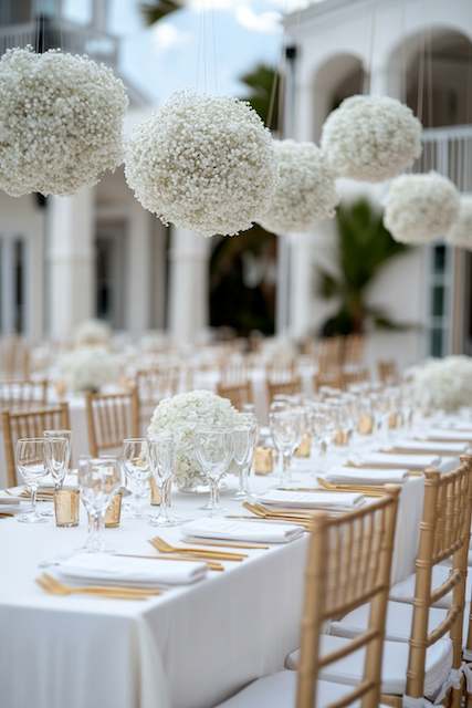 Suspended Baby’s Breath Clouds. Outdoor event setup with gold Chiavari chairs and long tables adorned with white floral centerpieces. Hanging spheres of baby's breath add a whimsical touch against a classic architectural backdrop.