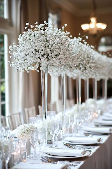 Tall Acrylic Stands Showcasing Cascading Baby’s Breath Elegant wedding table featuring tall crystal-clear vases filled with cascading baby’s breath centerpieces, creating a romantic and airy atmosphere