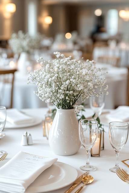 Vintage Milky-White Ceramic Vases Paired with Baby’s Breath Charming wedding table centerpiece featuring a white ceramic vase filled with baby’s breath, surrounded by elegant glassware and soft lighting, creating a simple yet sophisticated ambiance