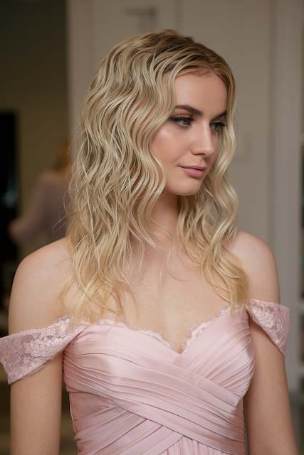 Wet-Look Sculpted Waves Bridesmaid with wet look sculpted waves wearing an off shoulder pink dress, shown indoors with soft lighting highlighting her glossy waves.