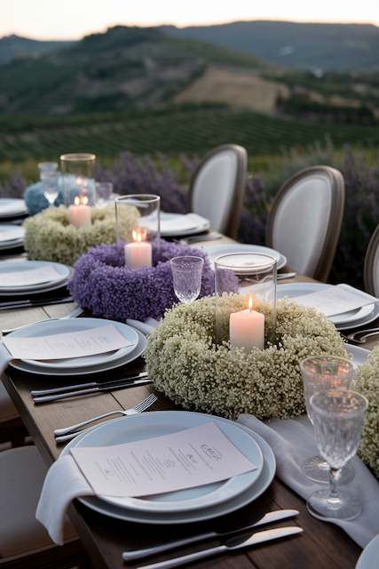 Wreath Centerpieces with Baby's Breath and Lavender Elegant wedding table setup featuring purple and white baby’s breath wreath centerpieces with floating candles inside, creating a romantic and sophisticated atmosphere