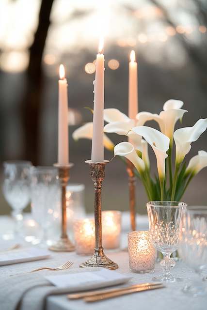 classy wedding decor Taper candles Romantic tablescape with tall taper candles in silver holders, glowing votives, crystal glassware, and white calla lilies at sunset.