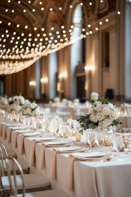 classy wedding decor Table Settings and Linens Grand ballroom tables with blush linens, white rose centerpieces, gold rim chargers, and a canopy of twinkle lights overhead