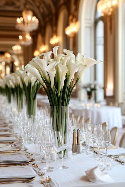 classy wedding decor Tall, slender vases for dramatic impact Long ballroom table with tall white calla lily centerpieces in clear vases, crystal stemware, gold accents, and candlelight