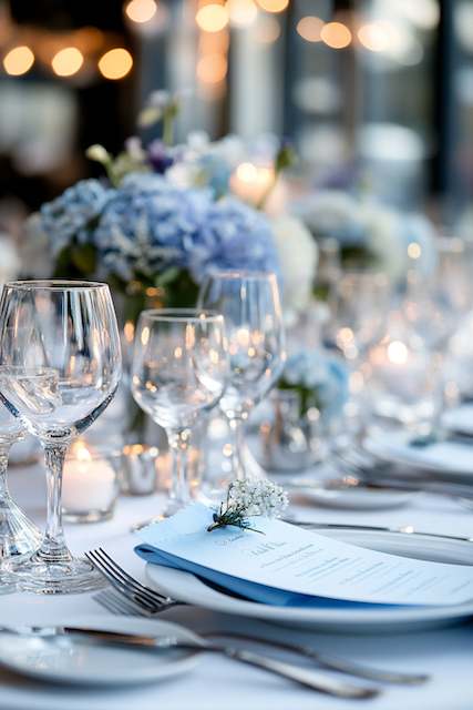 classy wedding decor blue is your primary color, incorporate navy, powder blue, and periwinkle Elegant wedding table setting with blue hydrangea centerpieces, candlelight, glassware, and a blue menu topped with a sprig of baby’s breath.