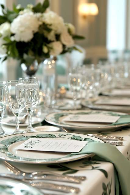 classy wedding decor with Ivory and sage green for garden-inspired sophistication Elegant wedding table with green and white china, menu cards, soft green napkins, crystal glassware, and white floral centerpiece.